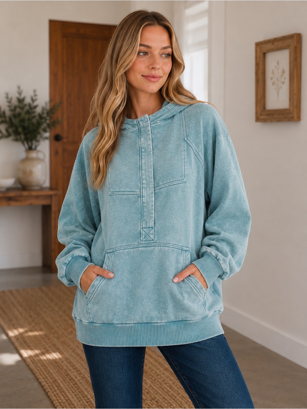 922. Women’s Ash Blue Acid Washed Hooded Kangaroo Pocket Zip Sweatshirt NEW